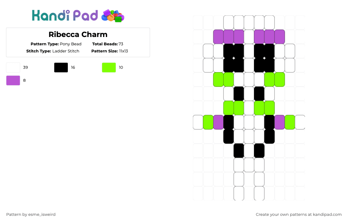 Ribecca Charm - Pony Bead Pattern by esme_isweird on Kandi Pad - white,pink,green,ribecca,dandys world,ribecca dandys world,easy,charm,ribecca charm,dandys world charm,ladder stitch