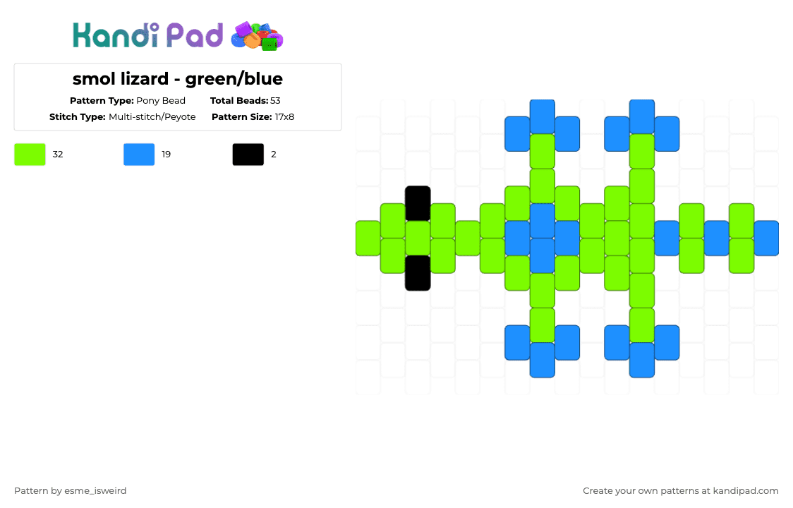 smol lizard - green/blue - Pony Bead Pattern by esme_isweird on Kandi Pad - green,light blue,lizard,blue,easy,animal