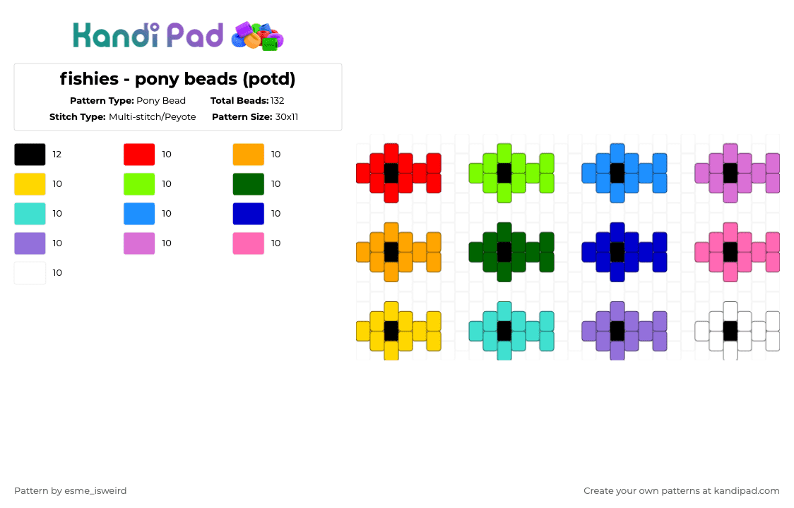 fishies - pony beads (potd) - Pony Bead Pattern by esme_isweird on Kandi Pad - green,light blue,purple,pink,fish,animal,ladder,easy,fishie,potd,cotd