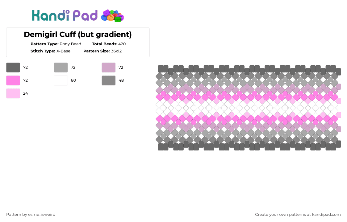 Demigirl Cuff (but gradient) - Pony Bead Pattern by esme_isweird on Kandi Pad - gray,pink,demigirl,demigirl cuff,cuff,pride,pride cuff,lgbt,lgbtqia,lgbtqia cuff