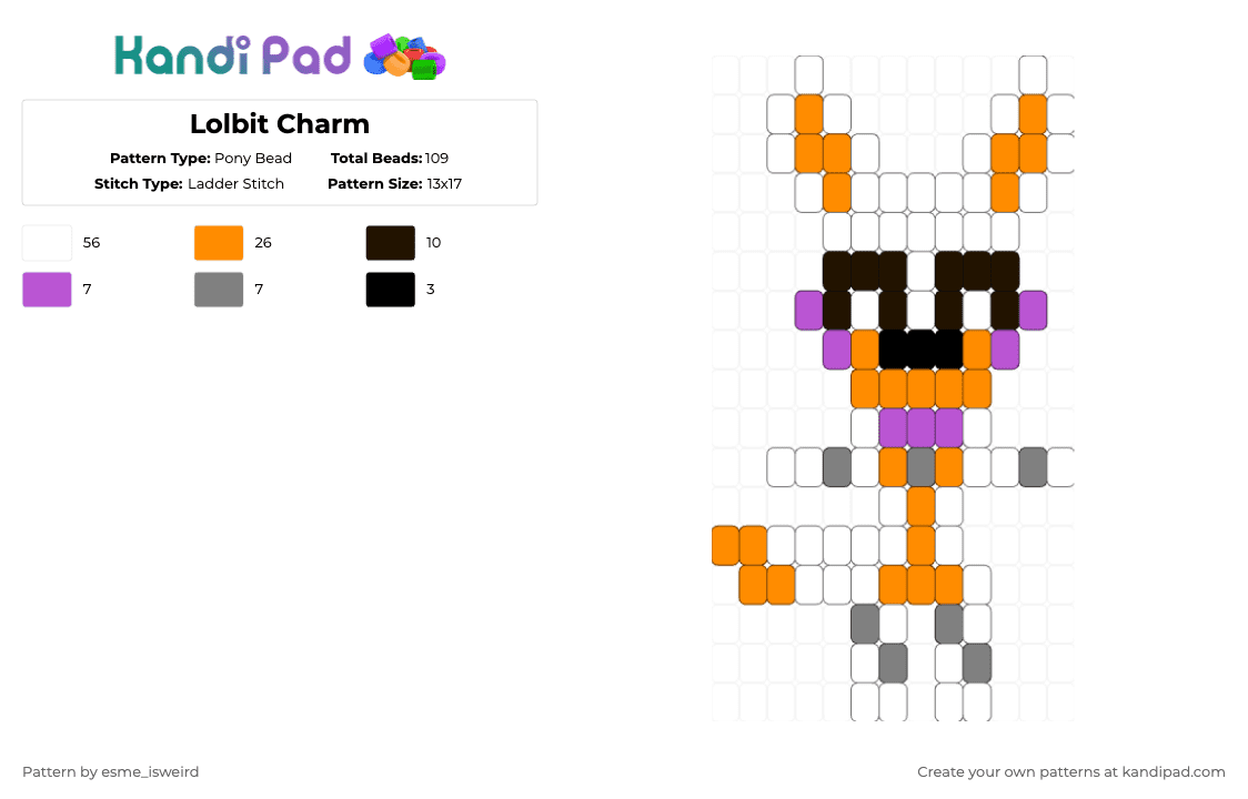 Lolbit Charm - Pony Bead Pattern by esme_isweird on Kandi Pad - white,orange,lolbit,five nights at freddys,fnaf,lolbit fnaf,charm,lolbit charm,easy,ladder stitch