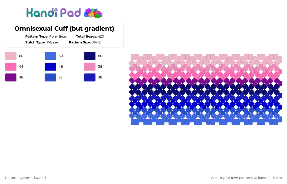 Omnisexual Cuff (but gradient) - Pony Bead Pattern by esme_isweird on Kandi Pad - pink,purple,omnisexual,omnisexual cuff,cuff,pride,pride cuff,lgbt,lgbtqia,lgbtqia cuff