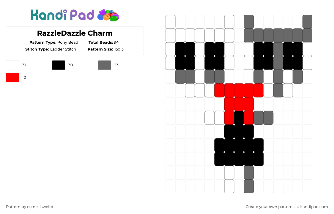 RazzleDazzle Charm - Pony Bead Pattern by esme_isweird on Kandi Pad - gray,red,razzledazzle,rnd,razzledazzle dandys world,dandys world,charm,dandys world charm,easy,rnd charm