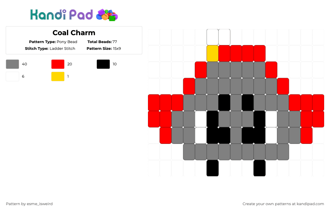 Coal Charm - Pony Bead Pattern by esme_isweird on Kandi Pad - gray,red,coal,dandys world,coal dandys world,charm,dandys world charm,coal charm,ladder stitch,easy
