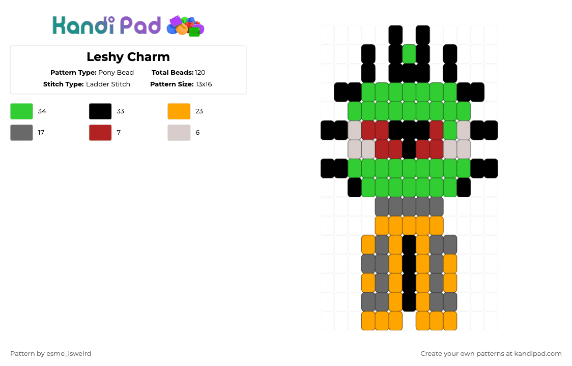 Leshy Charm - Pony Bead Pattern by esme_isweird on Kandi Pad - green,gray,orange,leshy,cult of the lamb,cotl,cult of the lamb charm,leshy charm,easy,cotl charm,charm