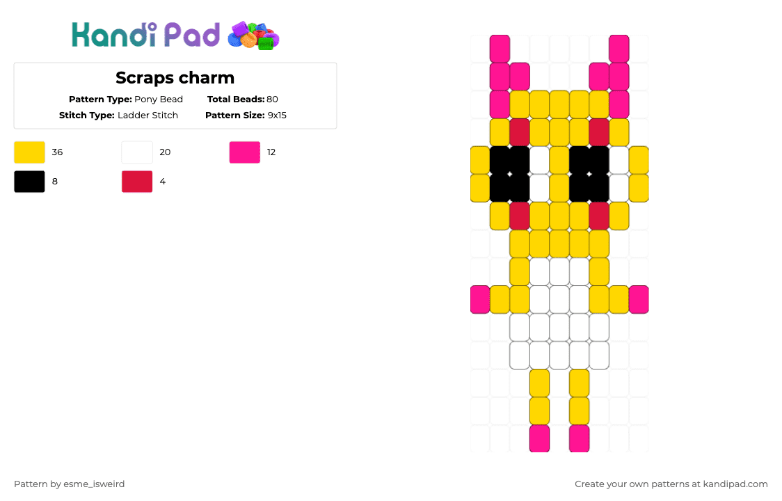 Scraps charm - Pony Bead Pattern by esme_isweird on Kandi Pad - yellow,scraps,dandys world,scraps dandys world,kandi,kandi charm,easy,ladder stitch,charm