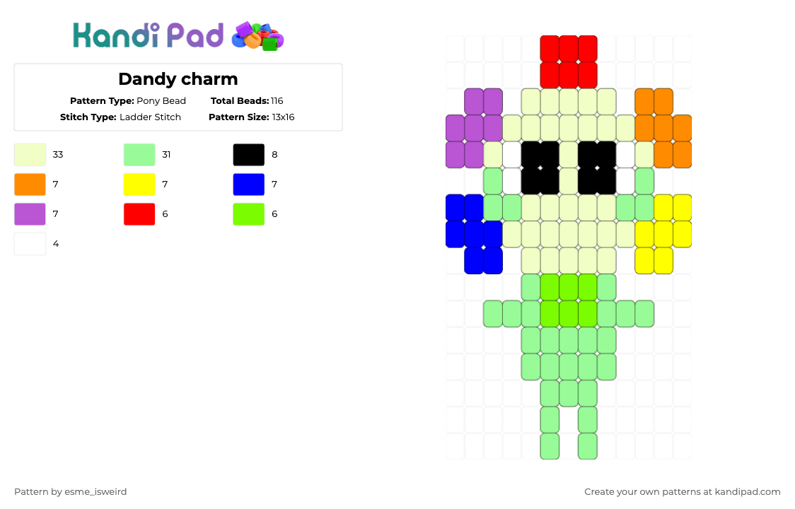 Dandy charm - Pony Bead Pattern by esme_isweird on Kandi Pad - yellow,teal,dandy,dandy charm,dandys world,kandi,charm,kandi charm,easy,ladder stitch
