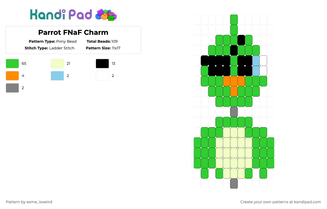 Parrot FNaF Charm - Pony Bead Pattern by esme_isweird on Kandi Pad - green,yellow,parrot,fnaf,five nights at freddys,animatronic,charm,kandi charm,parrot charm,ladder stitch