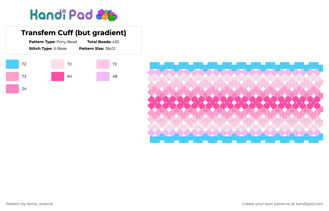 Transfem Cuff (but gradient) - Pony Bead Pattern by esme_isweird on Kandi Pad - pink,transfem,transfem cuff,cuff,pride,pride cuff,lgbt,lgbtqia,lgbtqia cuff
