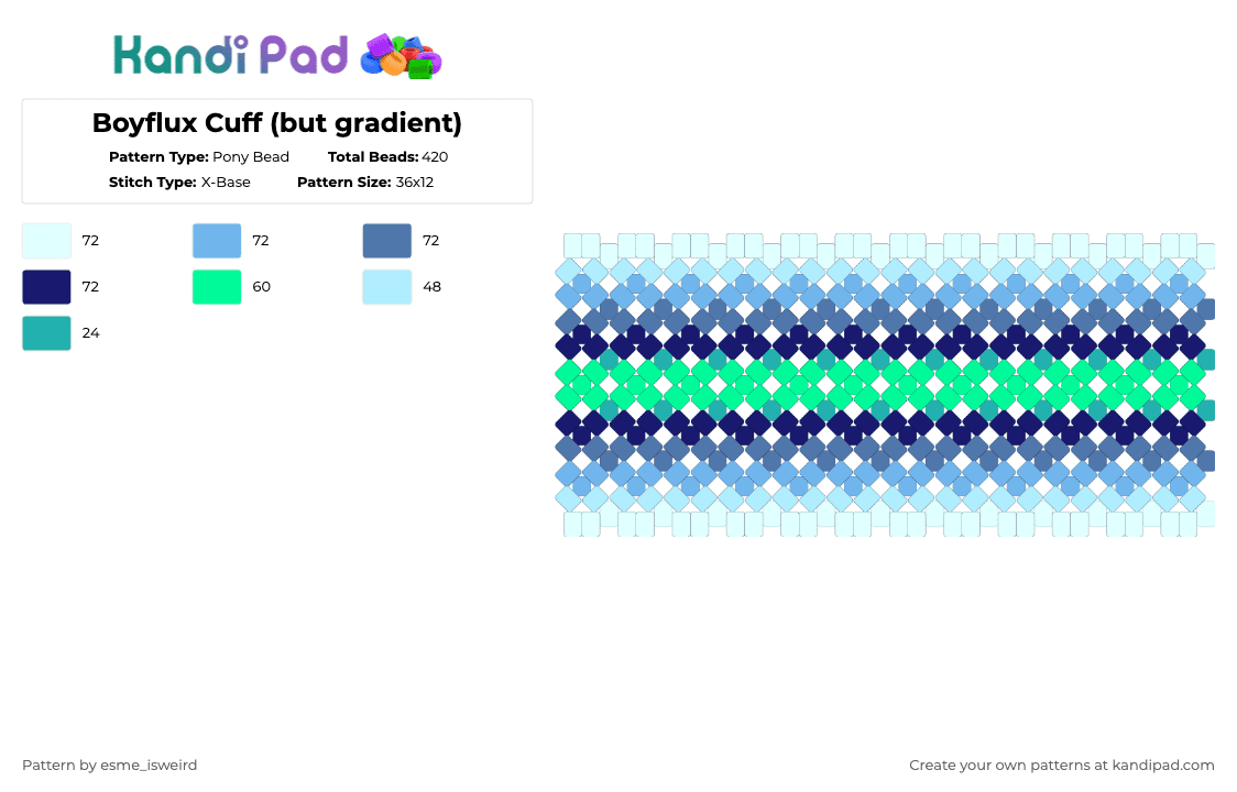 Boyflux Cuff (but gradient) - Pony Bead Pattern by esme_isweird on Kandi Pad - teal,light blue,boyflux,cuff,boyflux cuff,pride,pride cuff,lgbt,lgbtqia,lgbtqia cuff