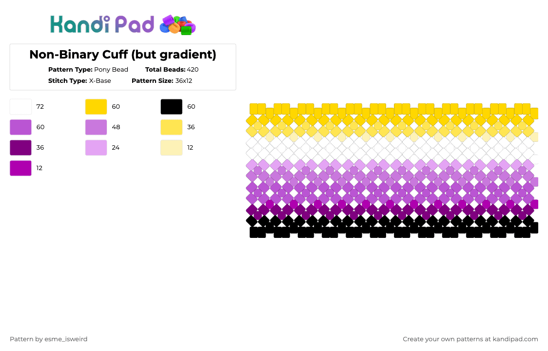 Non-Binary Cuff (but gradient) - Pony Bead Pattern by esme_isweird on Kandi Pad - yellow,pink,nonbinary,nonbinary cuff,lgbt,lgbtqia cuff,cuff,pride,pride cuff,lgbtqia
