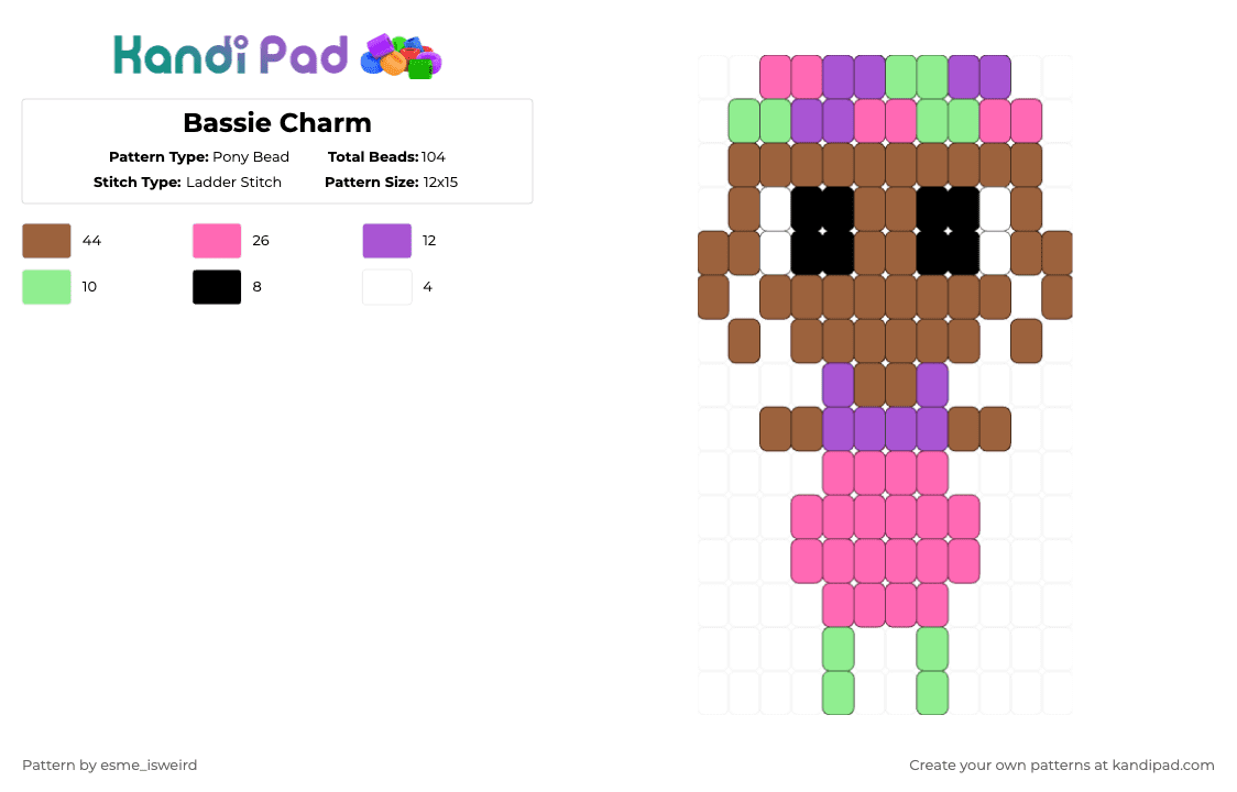 Bassie Charm - Pony Bead Pattern by esme_isweird on Kandi Pad - tan,pink,bassie,dandys world,bassie dandys world,kandi,charm,kandi charm,easy,ladder stitch