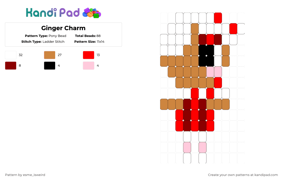 Ginger Charm - Pony Bead Pattern by esme_isweird on Kandi Pad - red,orange,ginger,dandys world,ginger dandys world,kandi,charm,kandi charm,ladder stitch,easy