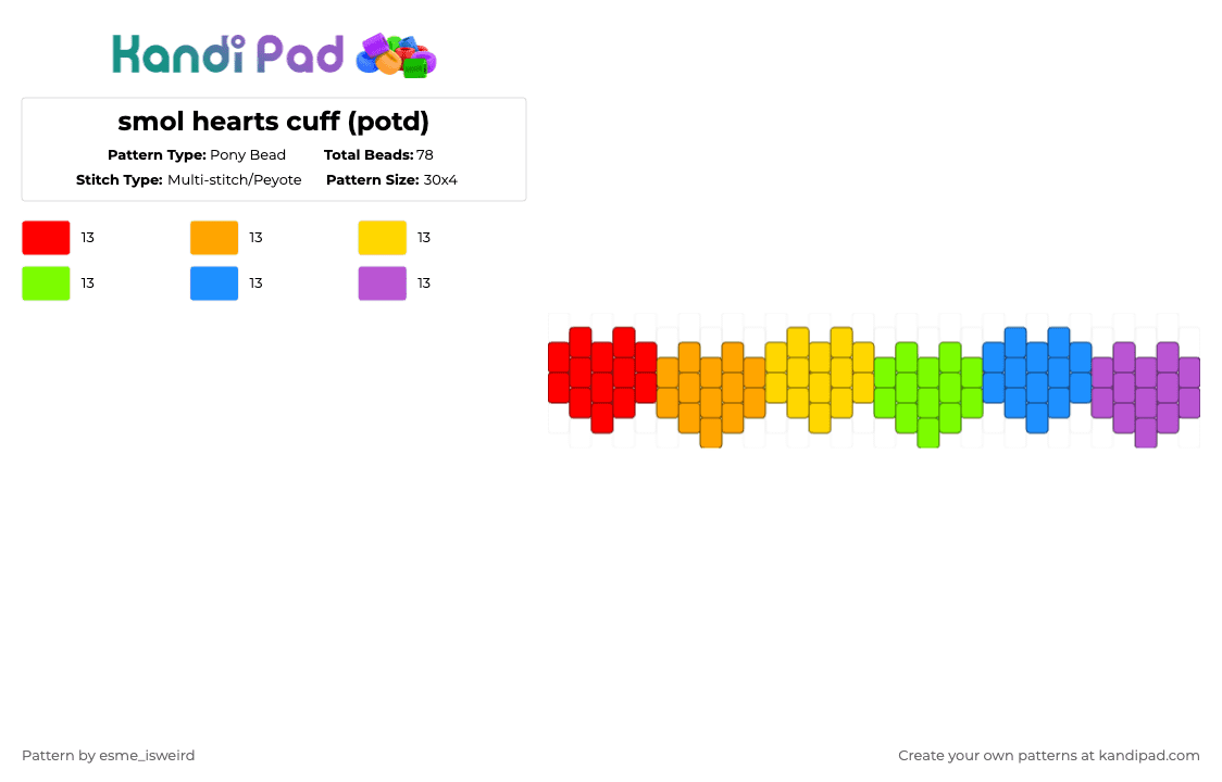 smol hearts cuff (potd) - Pony Bead Pattern by esme_isweird on Kandi Pad - orange,green,pink,colorful,cuff,cotdhearts,cotd,potd,hearts,heart,easy,rainbow