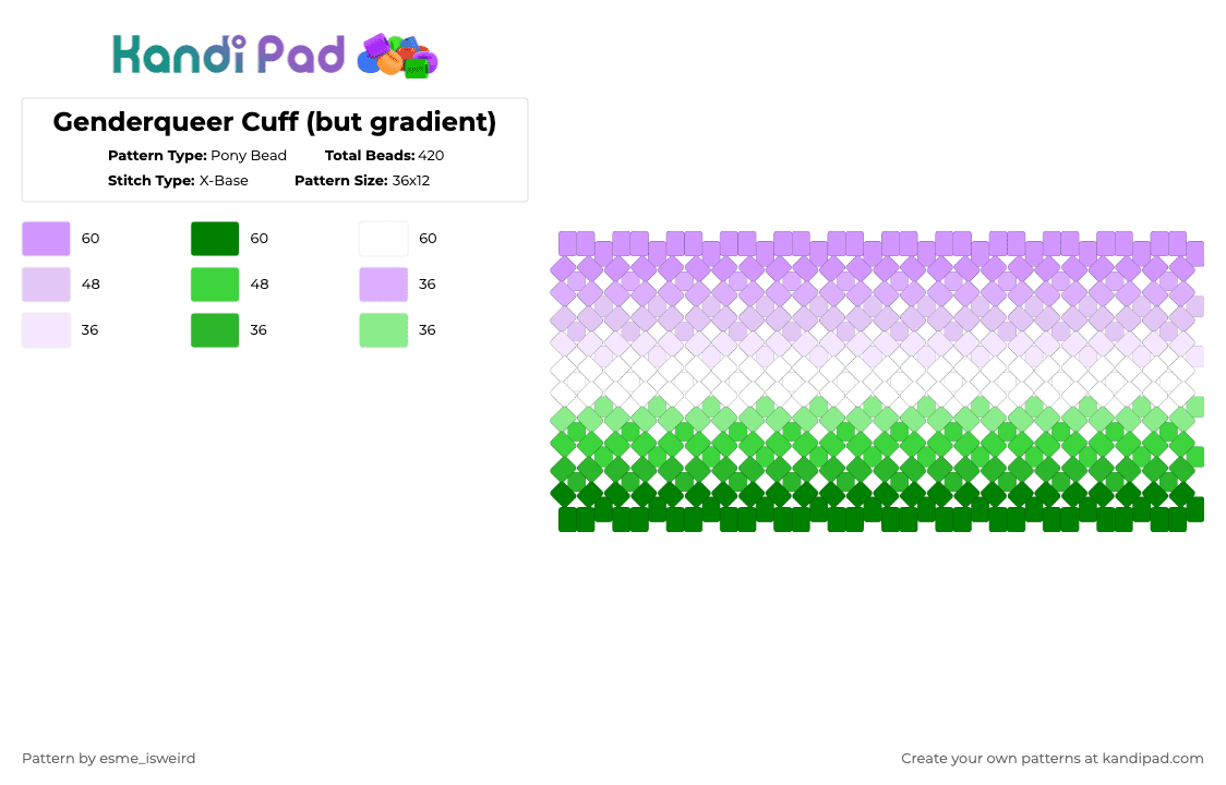 Genderqueer Cuff (but gradient) - Pony Bead Pattern by esme_isweird on Kandi Pad - pink,green,genderqueer,cuff,genderqueer cuff,pride,pride cuff,lgbt,lgbtqia,lgbtqia cuff