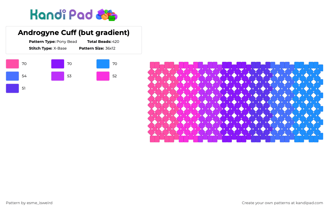 Androgyne Cuff (but gradient) - Pony Bead Pattern by esme_isweird on Kandi Pad - pink,purple,androgyne,cuff,androgyne cuff,pride,pride cuff,lgbt,lgbtqia,lgbtqia cuff