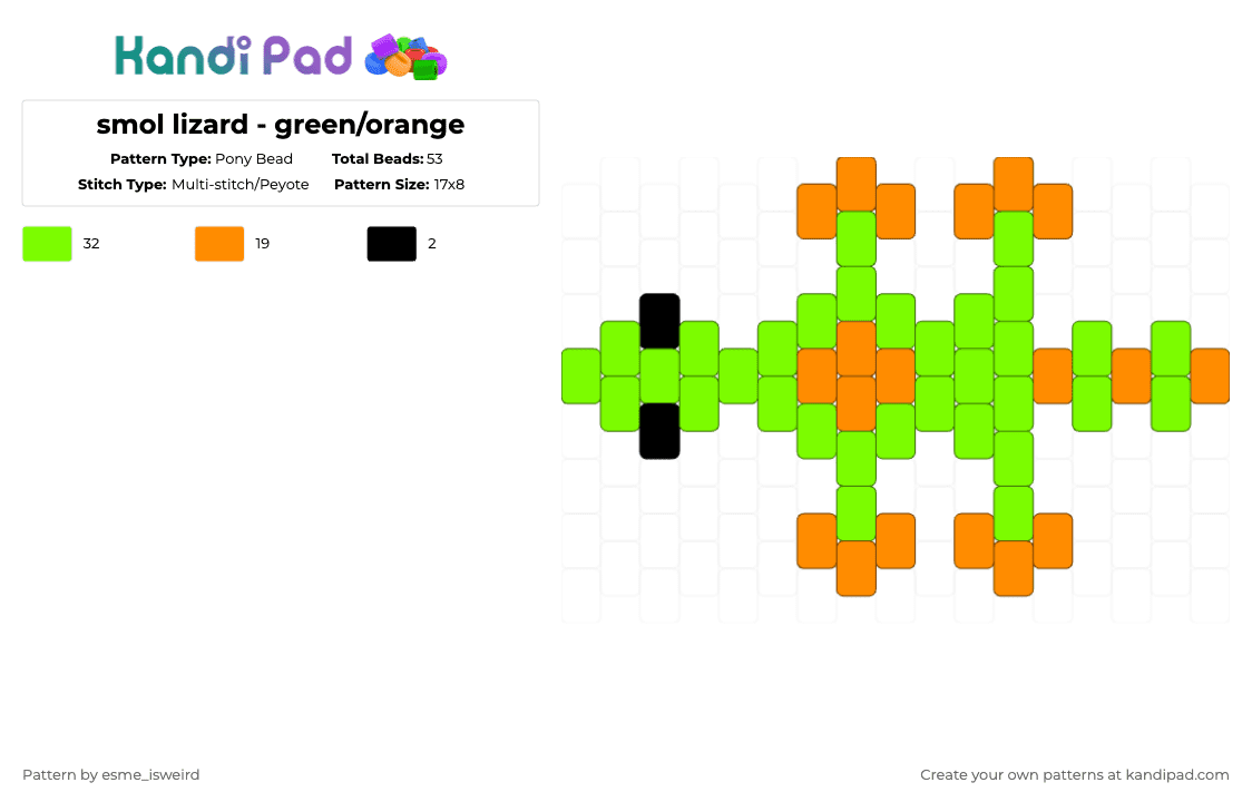 smol lizard - green/orange - Pony Bead Pattern by esme_isweird on Kandi Pad - green,orange,lizard,easy,animal
