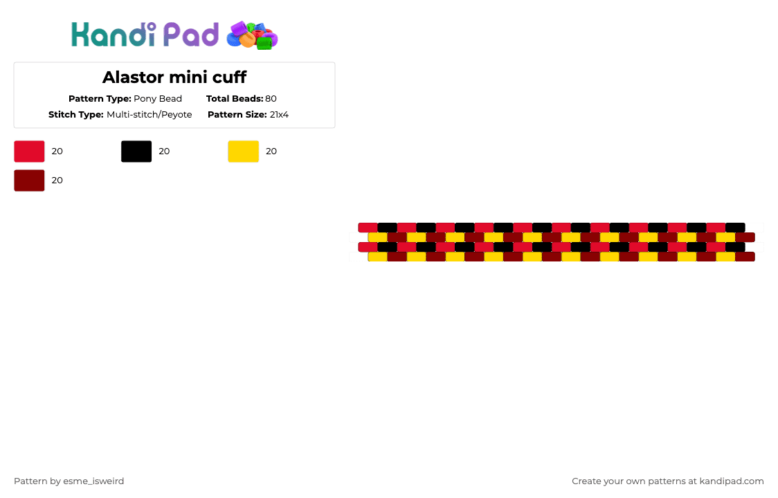 Alastor mini cuff - Pony Bead Pattern by esme_isweird on Kandi Pad - alastor, alastor cuff, brown, cuff, hazbin, hazbin cuff, hazbin hotel, hh, mini cuff, red, yellow