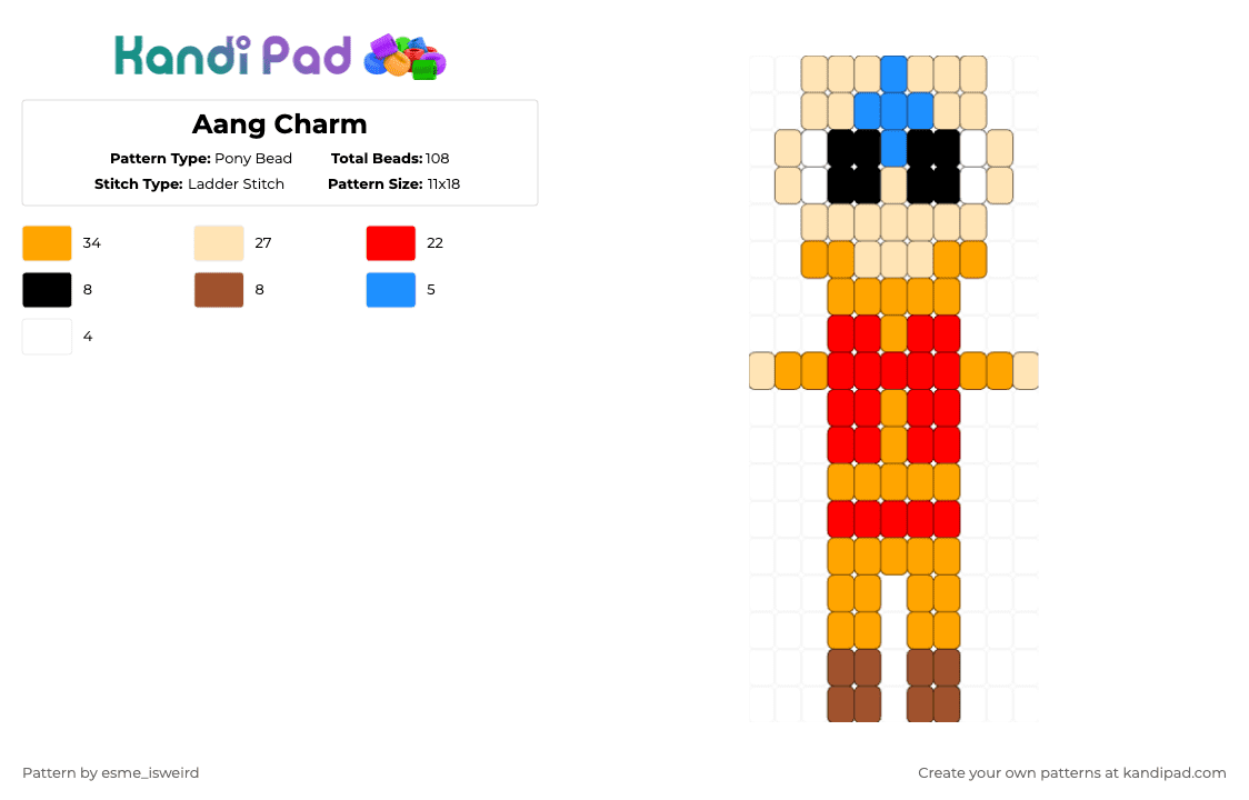 Aang Charm - Pony Bead Pattern by esme_isweird on Kandi Pad - beige,orange,red,avatar,aang,avatar the last airbender,atla,charm,easy,aang charm,avatar charm