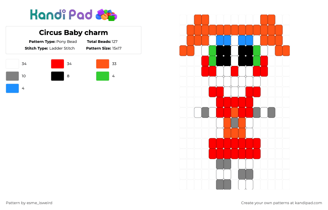 Circus Baby charm - Pony Bead Pattern by esme_isweird on Kandi Pad - red,orange,circus baby,charm,fnaf,five nights at freddys,fnaf charm,easy,circus baby charm,sister location