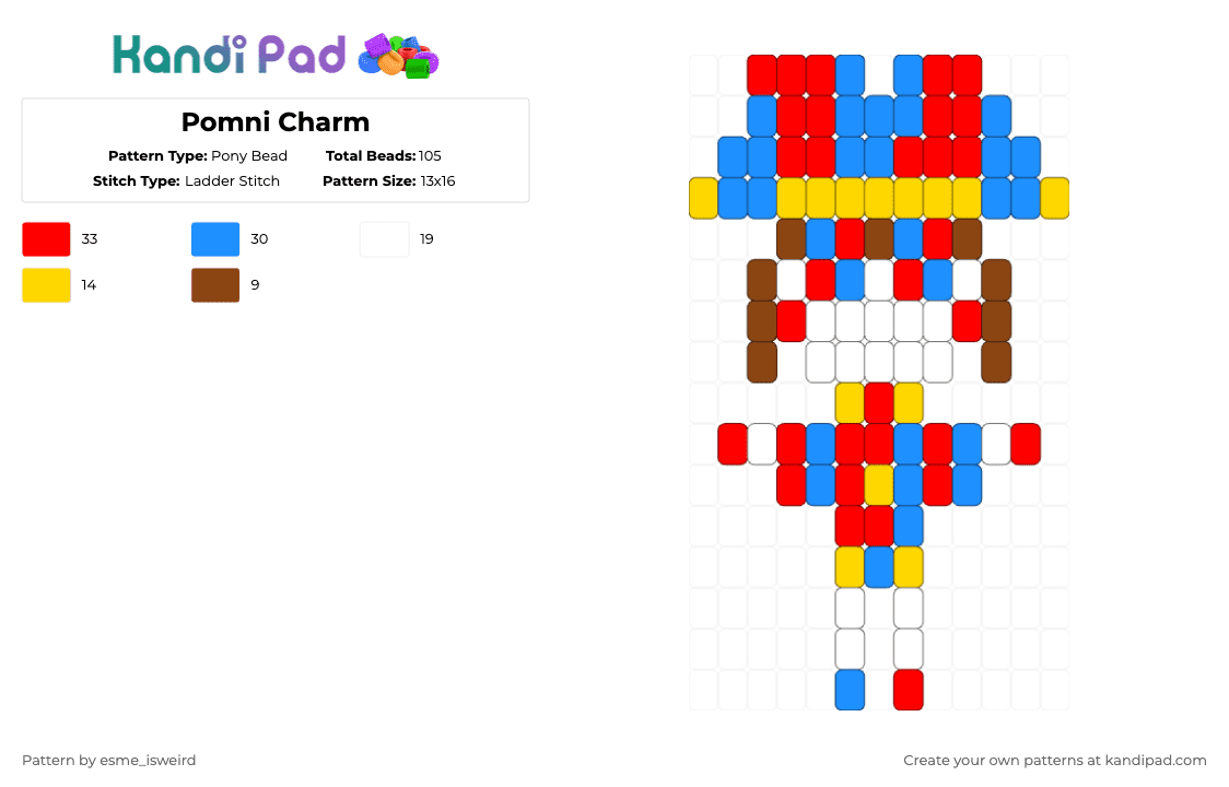 Pomni Charm - Pony Bead Pattern by esme_isweird on Kandi Pad - red,light blue,pomni,charm,pomni charm,easy,tadc,the amazing digital circus,tadc charm,pomni tadc