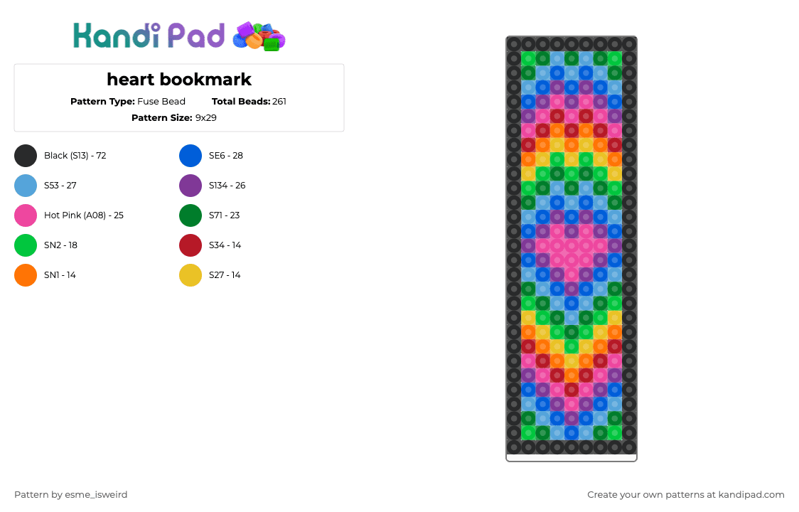 heart bookmark - Fuse Bead Pattern by esme_isweird on Kandi Pad - green,light blue,blue,pink,cotdhearts,cotd,potd,heart,hearts,ranbow,easy,bookmark