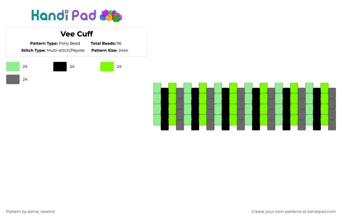 Vee Cuff - Pony Bead Pattern by esme_isweird on Kandi Pad - teal,green,gray,vee,dandys world,cuff,peyote,easy,vee dandys world,roblox,vee cuff