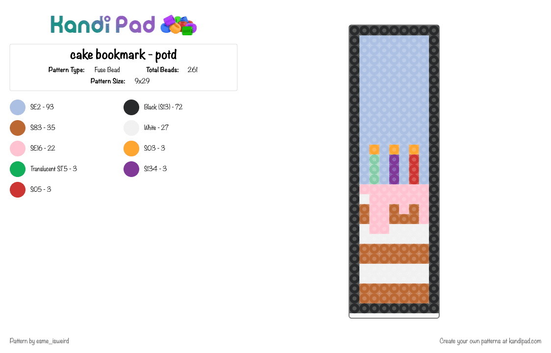 cake bookmark - potd - Fuse Bead Pattern by esme_isweird on Kandi Pad - book, bookmark, cake, cotd, cotdcakes, easy, light blue, pink, potd, rainbow, tan