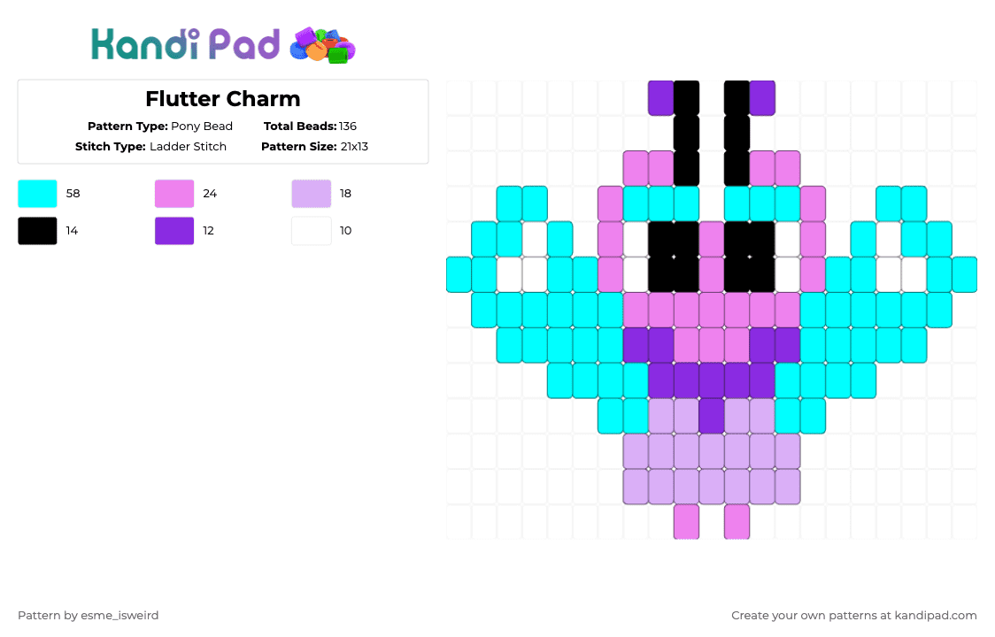 Flutter Charm - Pony Bead Pattern by esme_isweird on Kandi Pad - pink,light blue,flutter,flutter dandys world,dandys world,kandi,kandi charm,charm,ladder stitch,easy