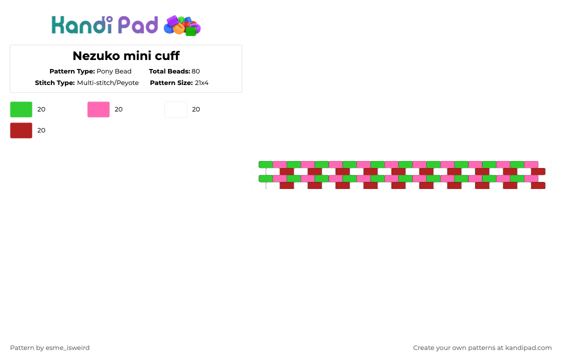 Nezuko mini cuff - Pony Bead Pattern by esme_isweird on Kandi Pad - cuff, demon slayer, green, kimetsu no yaiba, kny, mini cuff, nezuko, nezuko cuff, nezuko kny, pink, red
