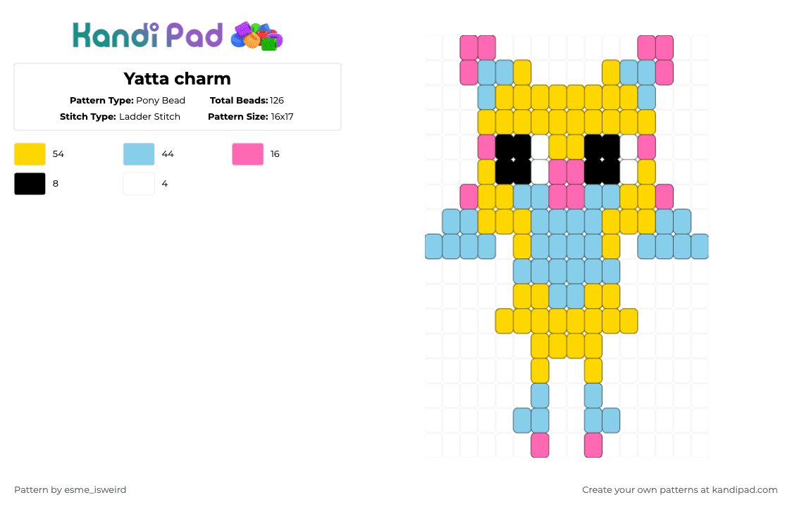 Yatta charm - Pony Bead Pattern by esme_isweird on Kandi Pad - yellow,light blue,yatta,dandys world,yatta dandys world,kandi,charm,kandi charm,ladder stitch,easy