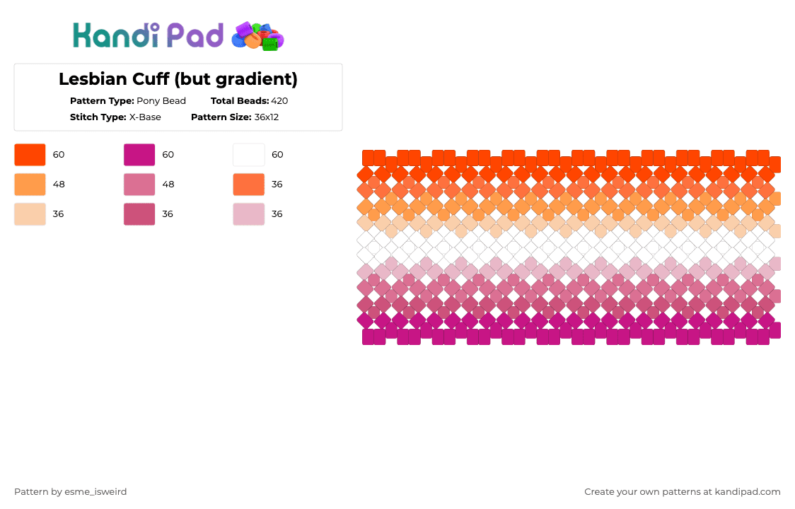 Lesbian Cuff (but gradient) - Pony Bead Pattern by esme_isweird on Kandi Pad - pink,lesbian,cuff,lesbian cuff,lgbt,pride,pride cuff,lgbtqia,lgbtqia cuff
