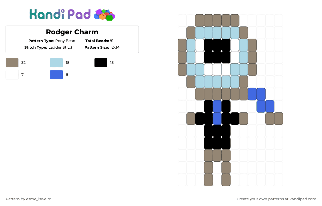 Rodger Charm - Pony Bead Pattern by esme_isweird on Kandi Pad - gray,light blue,rodger,dandys world,rodger dandys world,charm,rodger charm,dandys world charm,easy,ladder stitch