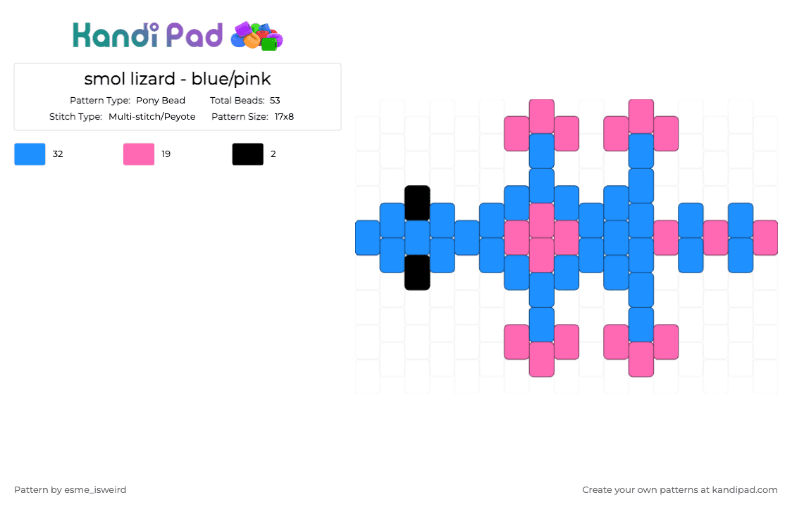 smol lizard - blue/pink - Pony Bead Pattern by esme_isweird on Kandi Pad - light blue,pink,lizard,easy,animal,blue