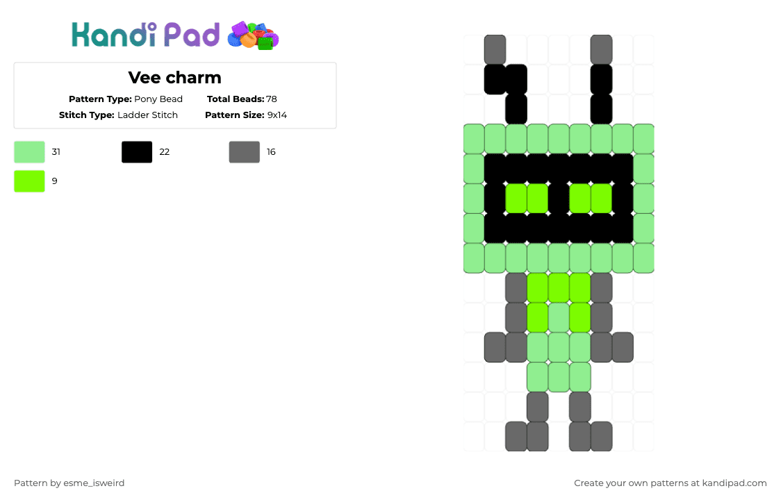 Vee charm - Pony Bead Pattern by esme_isweird on Kandi Pad - teal,vee,dandys world,vee dandys world,kandi,charm,kandi charm,ladder stitch,easy