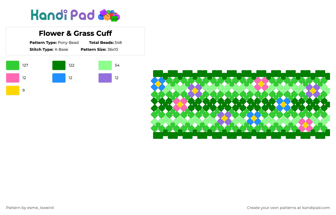 Flower & Grass Cuff - Pony Bead Pattern by esme_isweird on Kandi Pad - green,teal,flower,grass,cuff,flower cuff,nature,nature cuff,xbased,xbased cuff