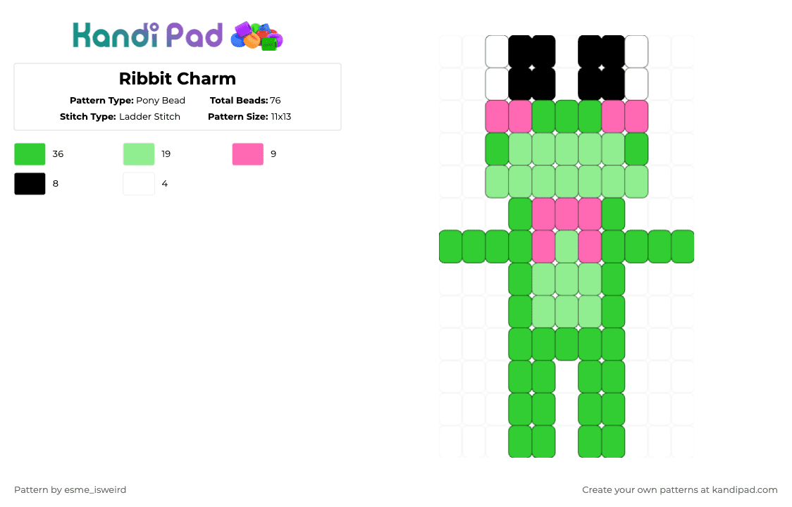 Ribbit Charm - Pony Bead Pattern by esme_isweird on Kandi Pad - green,ribbit,tadc,the amazing digital circus,charm,ribbit charm,easy,tadc charm,ribbit tadc