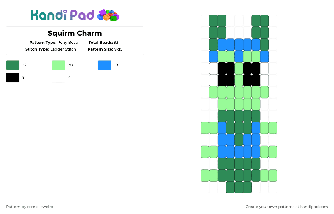 Squirm Charm - Pony Bead Pattern by esme_isweird on Kandi Pad - teal,green,squirm dandys world,squirm,dandys world,charm,squirm charm,kandi charm,easy,ladder stitch