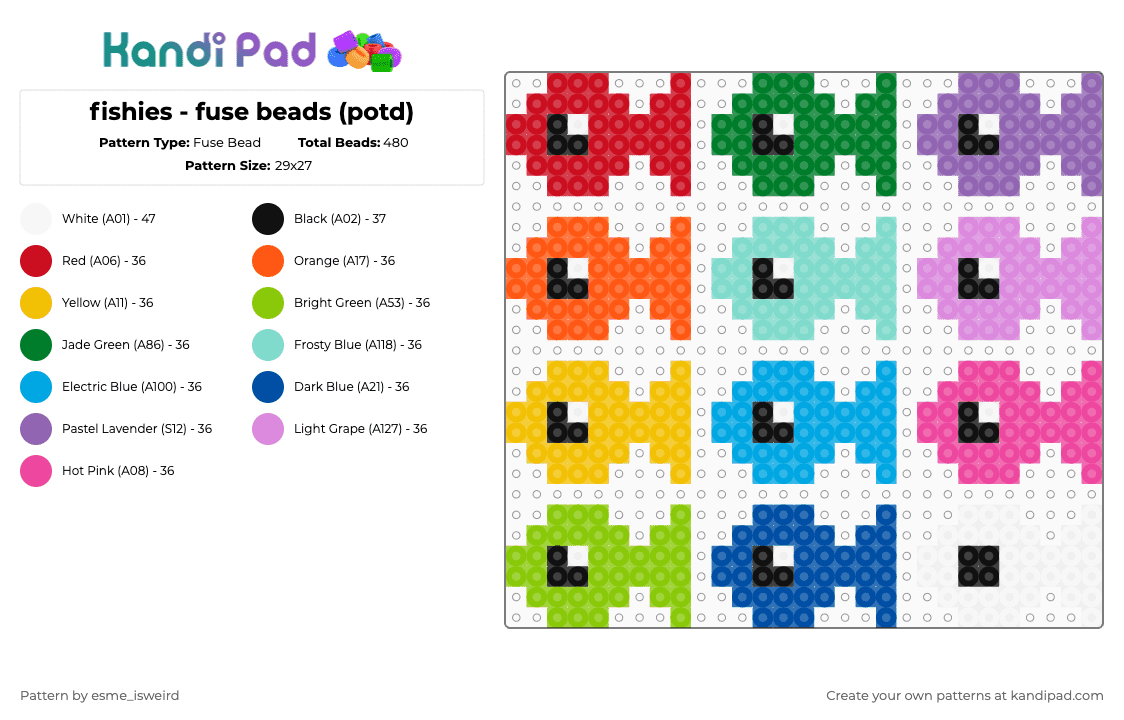 fishies - fuse beads (potd) - Fuse Bead Pattern by esme_isweird on Kandi Pad - green,light blue,pink,potd,cotd,easy,fish,animal,perler,rainbow
