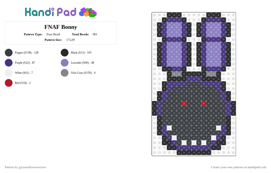 FNAF Bonny - Fuse Bead Pattern by sunnyval367 on Kandi Pad - black,purple,pink