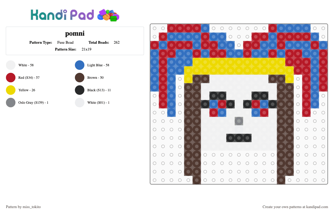 pomni - Fuse Bead Pattern by miss_tokito on Kandi Pad - brown,red,blue,pomni,jester,tadc,the amazing digitale,circus