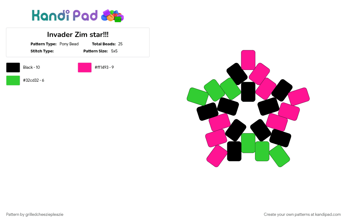 Invader Zim star!!! - Pony Bead Pattern by grilledcheeziepleazie on Kandi Pad - green, pink, zim