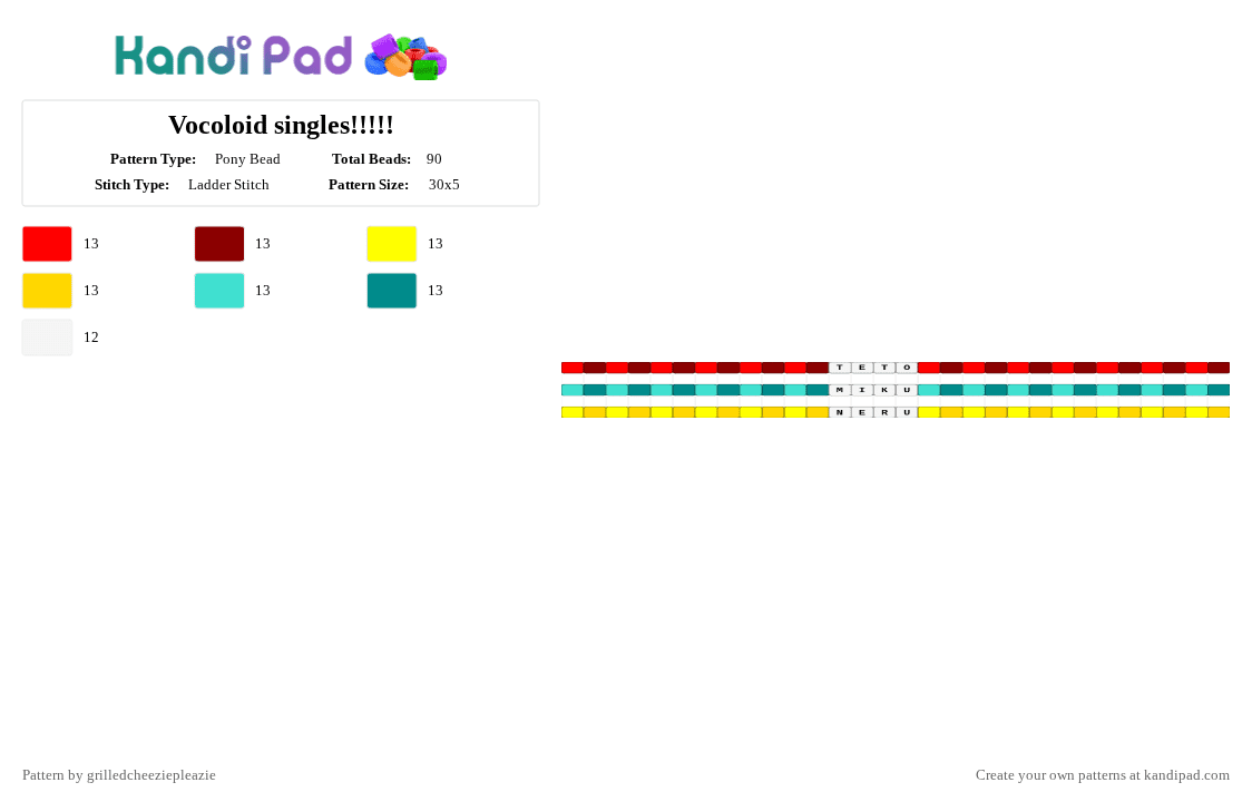 Vocoloid singles!!!!! - Pony Bead Pattern by grilledcheeziepleazie on Kandi Pad - blue, miku, neru, red, teto, yellow