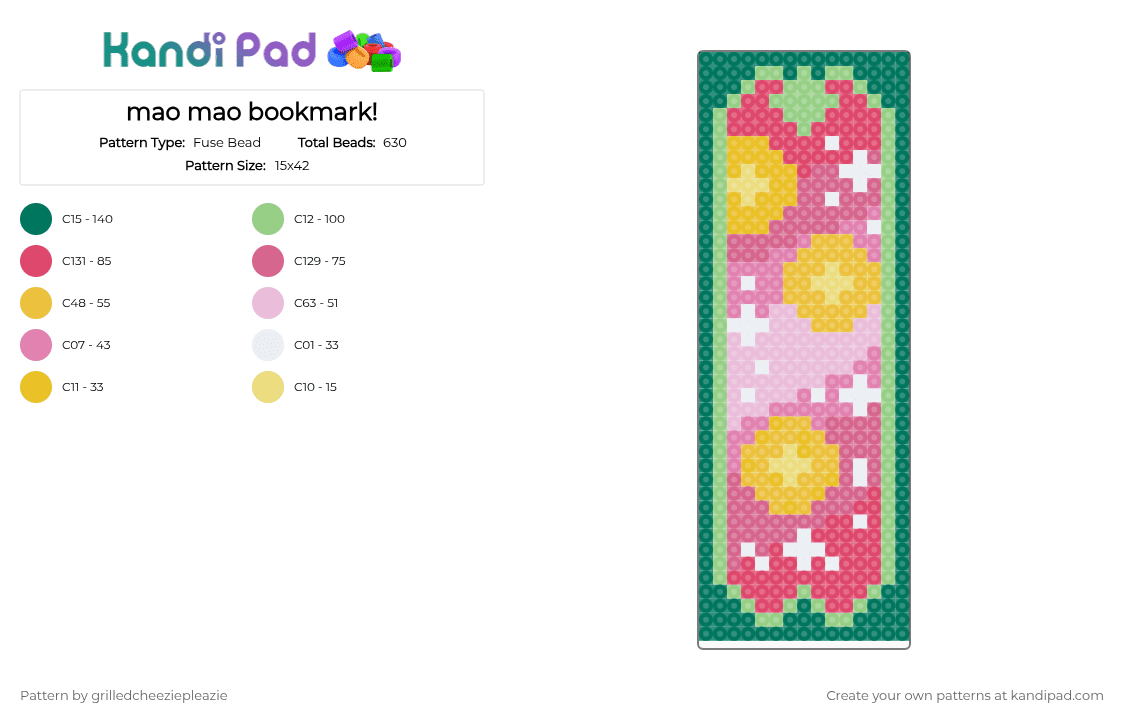 mao mao bookmark! - Fuse Bead Pattern by grilledcheeziepleazie on Kandi Pad - teal,pink,apothecary,perler,green