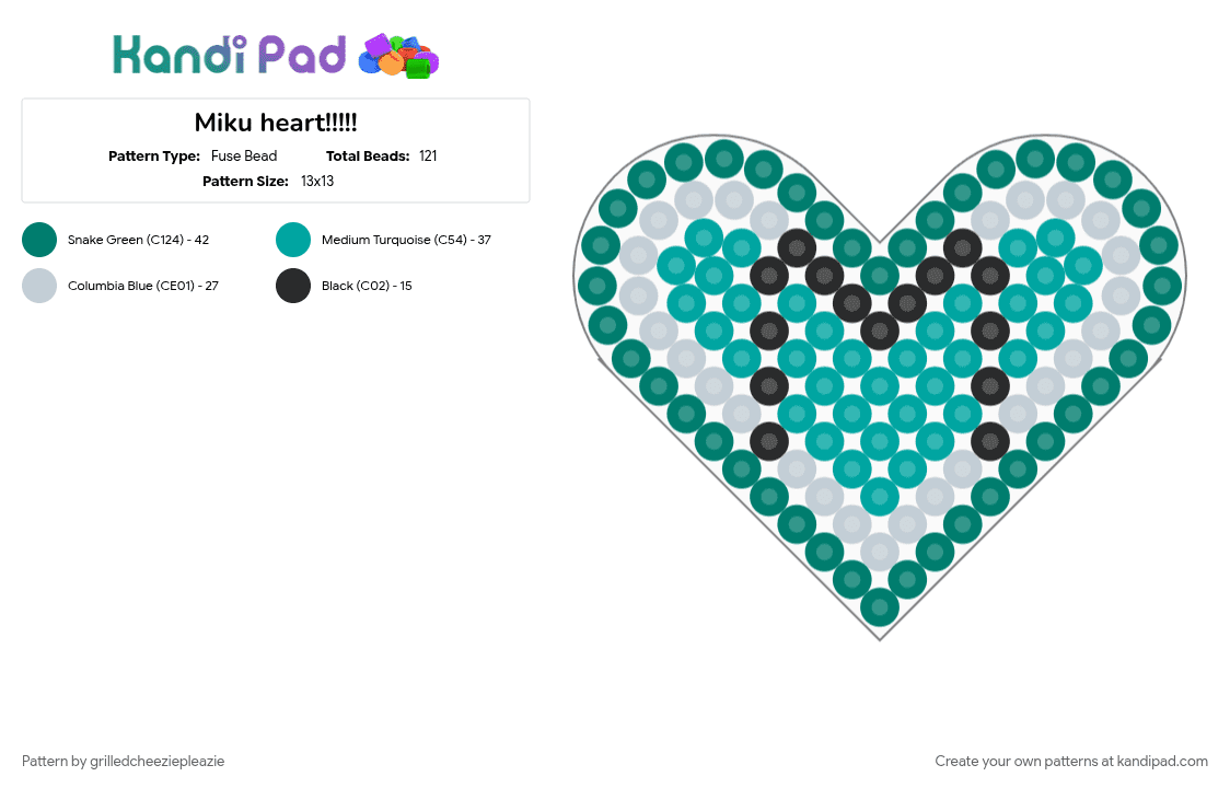 Miku heart!!!!! - Fuse Bead Pattern by grilledcheeziepleazie on Kandi Pad - heart, miku, teal