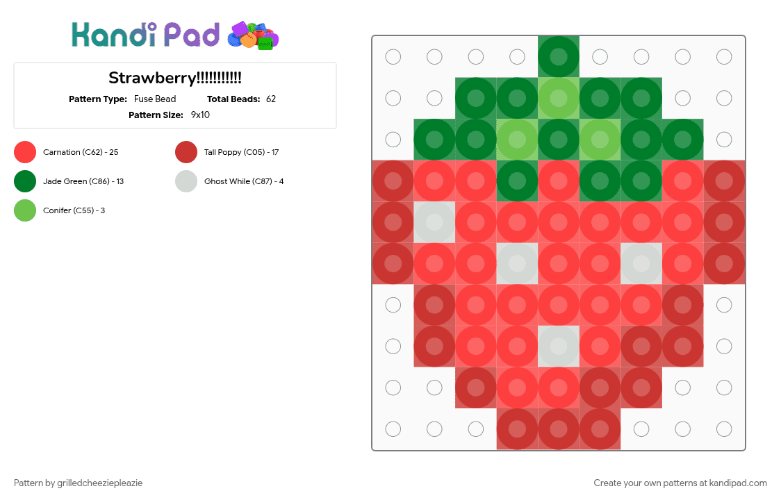 Strawberry!!!!!!!!!!! - Fuse Bead Pattern by grilledcheeziepleazie on Kandi Pad - fruit, green, red, strawberry