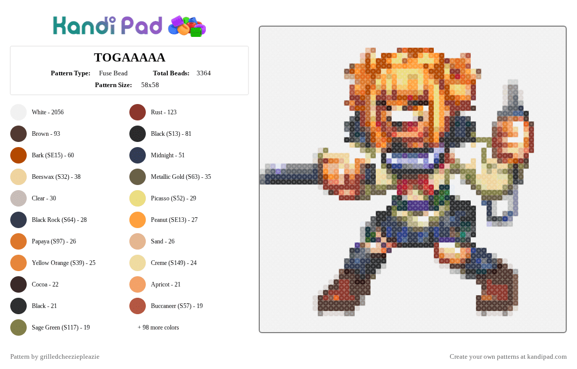 TOGAAAAA - Fuse Bead Pattern by grilledcheeziepleazie on Kandi Pad - white,beige,orange,red,gray,purple,colorful