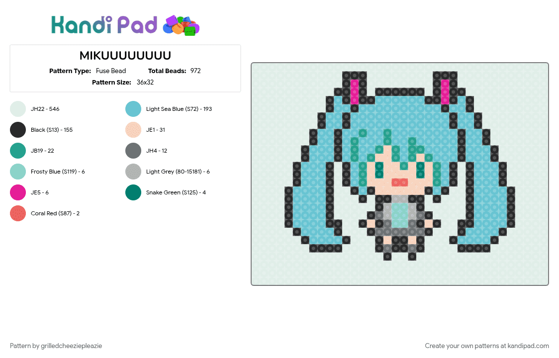 MIKUUUUUUUU - Fuse Bead Pattern by grilledcheeziepleazie on Kandi Pad - light blue, white