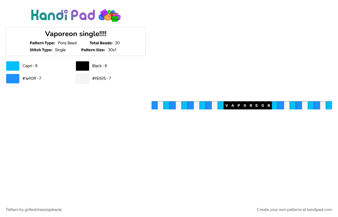Vaporeon single!!!! - Pony Bead Pattern by grilledcheeziepleazie on Kandi Pad - light blue, teal, white