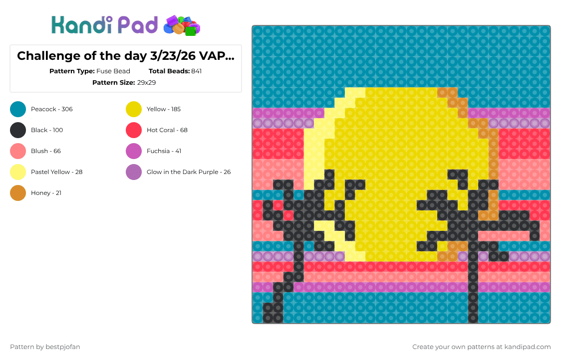 Challenge of the day 3/23/26 VAPORWAVE - Fuse Bead Pattern by bestpjofan on Kandi Pad - teal,yellow,cotdvaporwave
